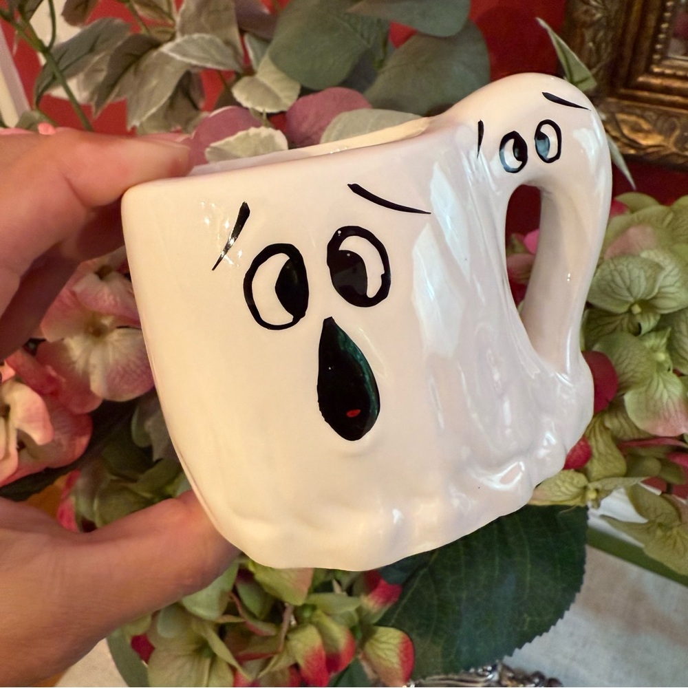 Vintage Halloween Spooky Ghost Ceramic Mug Hand Painted Face Made in Taiwan